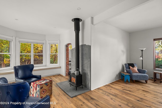 sitting room featuring a wood stove, radiator heating unit, and light hardwood / wood-style floors