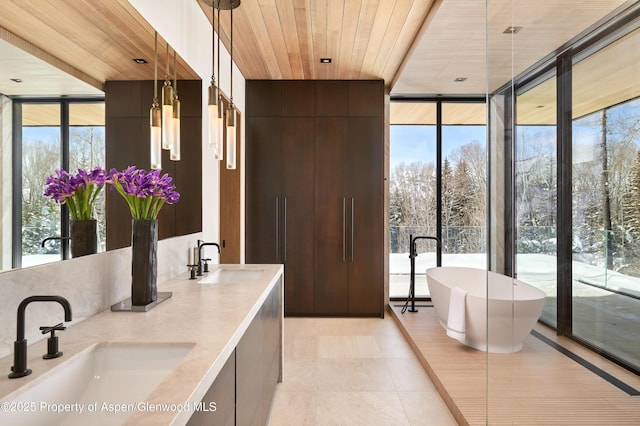 full bath featuring a freestanding tub, wooden ceiling, floor to ceiling windows, and a sink