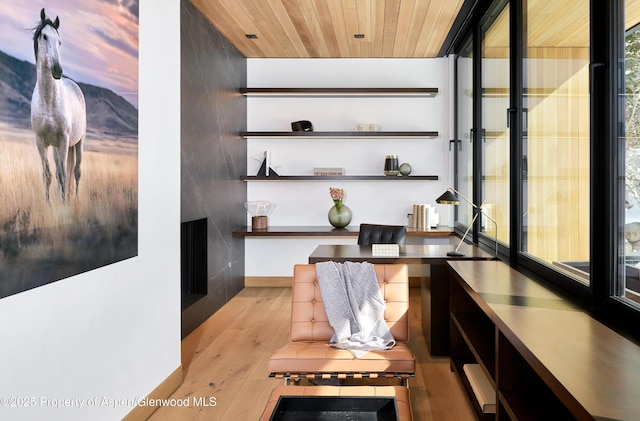 interior space featuring wood finished floors and wood ceiling