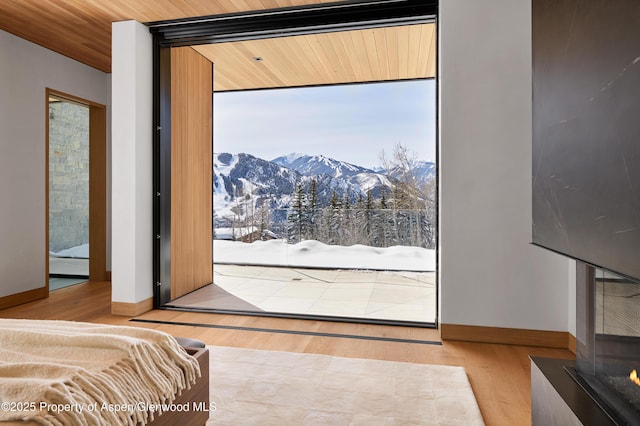 interior space with floor to ceiling windows, a mountain view, wood finished floors, wooden ceiling, and baseboards