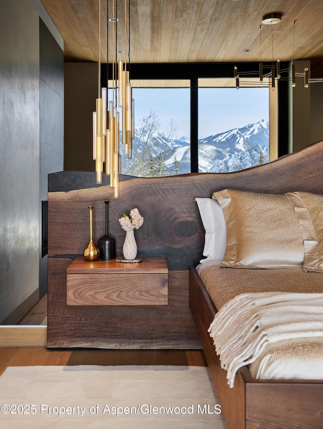 interior space with a healthy amount of sunlight, wood ceiling, a mountain view, and wood finished floors