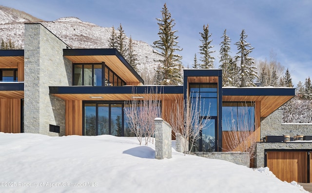 exterior space with stone siding and a mountain view