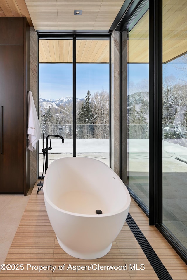 bathroom featuring expansive windows, a freestanding bath, and a mountain view