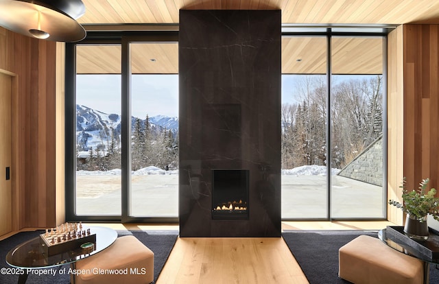 entryway featuring a fireplace, wood finished floors, a mountain view, and floor to ceiling windows