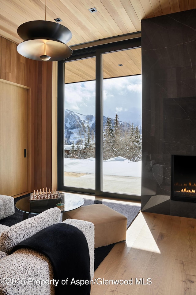 living area featuring floor to ceiling windows, a large fireplace, a mountain view, wood walls, and wood finished floors