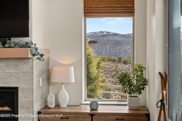 room details featuring a mountain view and a tile fireplace