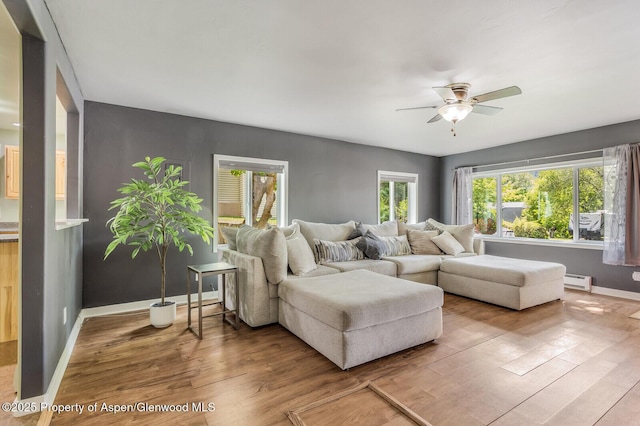 1114 Blake Ave, Glenwood Springs, CO 81601 - living room featuring a ceiling fan, wood finished floors, and baseboard heating