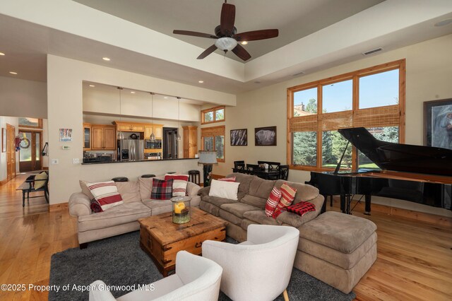 123 Corral Dr, Carbondale, CO 81623 - living room with recessed lighting, light wood-style flooring, visible vents, and a ceiling fan