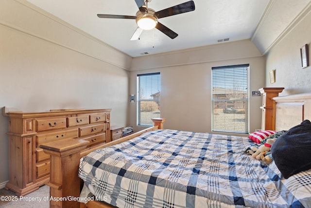 1326 Fairway Dr, Fruita, CO 81521 - bedroom featuring ceiling fan, visible vents, light colored carpet, and ornamental molding