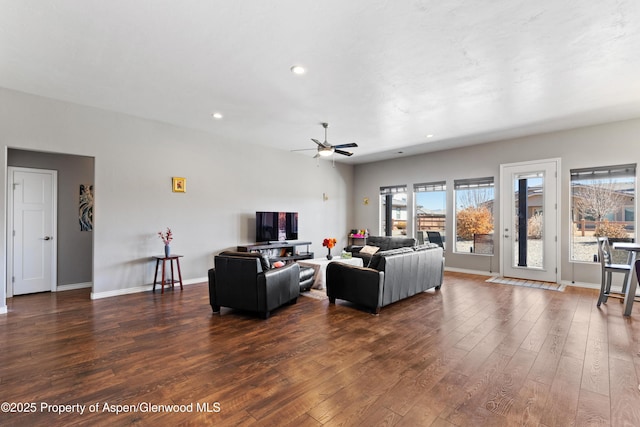 1326 Fairway Dr, Fruita, CO 81521 - living room with ceiling fan, baseboards, dark wood-style flooring, and recessed lighting