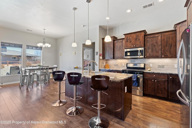 1326 Fairway Dr, Fruita, CO 81521 - kitchen featuring visible vents, backsplash, appliances with stainless steel finishes, dark wood-type flooring, and a sink