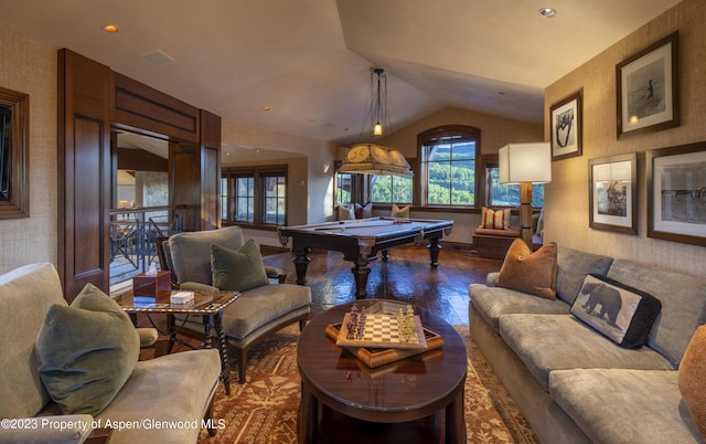 game room featuring hardwood / wood-style floors, lofted ceiling, and pool table