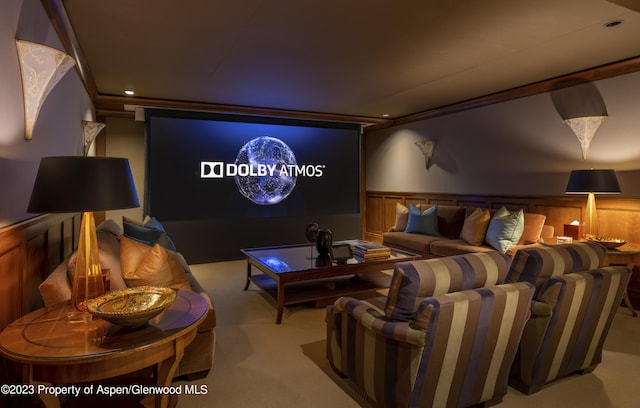 home theater room featuring wood walls and light colored carpet