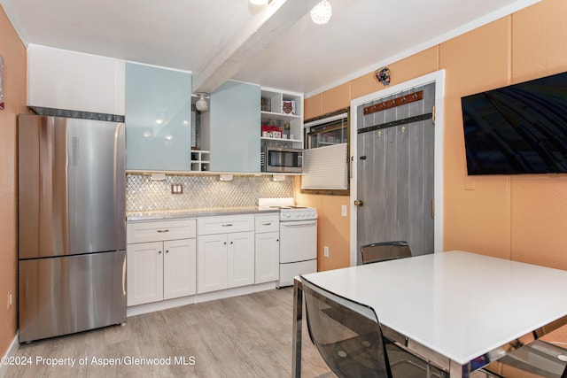 kitchen with beamed ceiling, light hardwood / wood-style floors, decorative backsplash, white cabinets, and appliances with stainless steel finishes