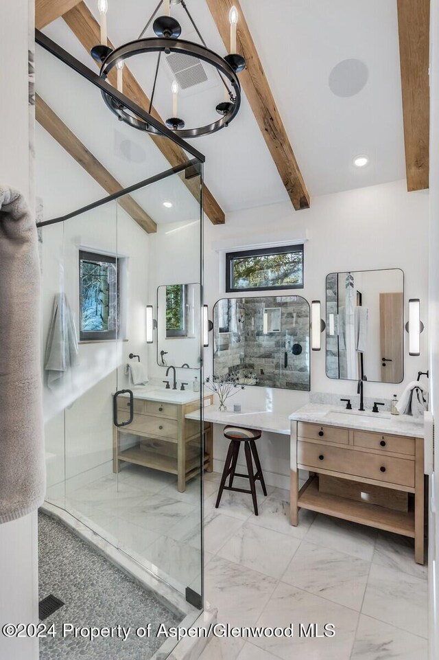 bathroom with vaulted ceiling with beams, vanity, and shower with separate bathtub