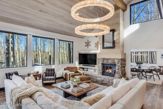 living room with a fireplace, wood-type flooring, and wood ceiling