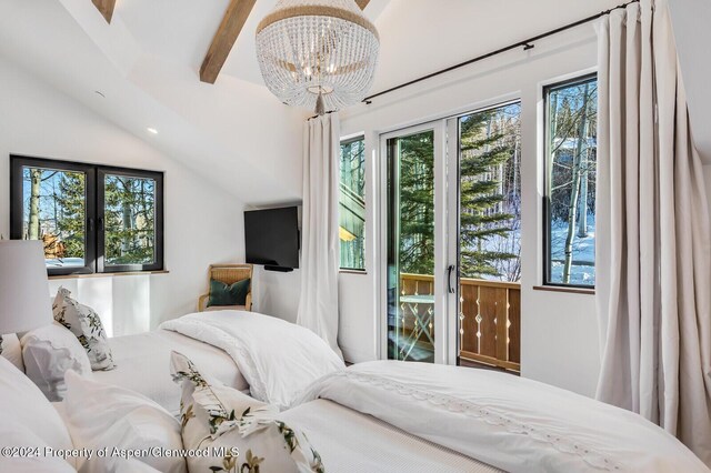 bedroom featuring vaulted ceiling with beams, a notable chandelier, and access to exterior