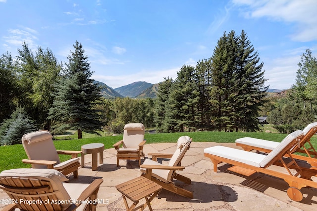 view of patio with a mountain view
