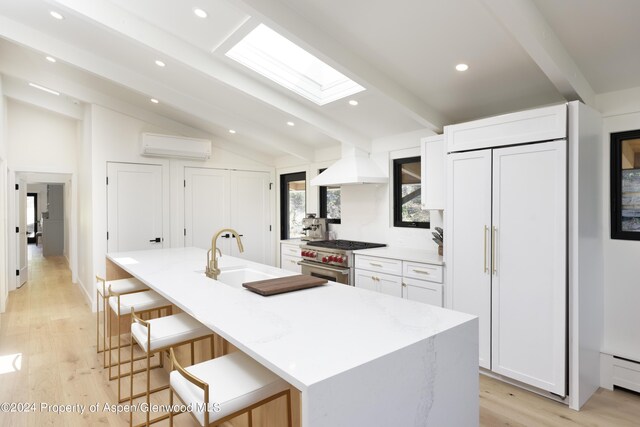kitchen featuring a sink, premium appliances, lofted ceiling with skylight, a wall mounted AC, and custom range hood