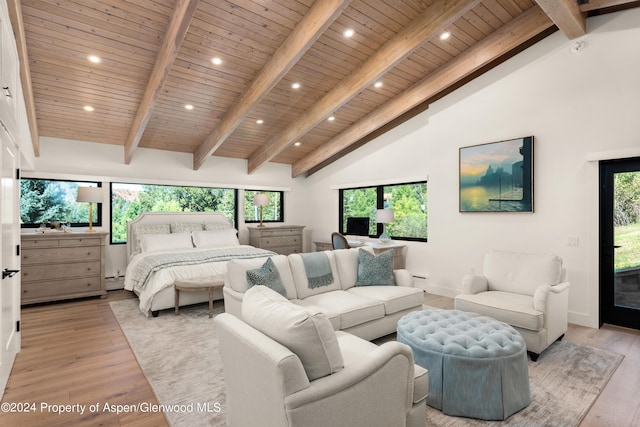 bedroom featuring light wood-type flooring, wood ceiling, recessed lighting, and beamed ceiling