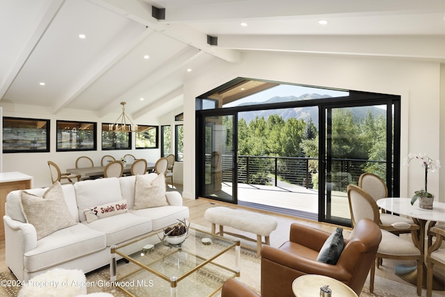 living area with wood finished floors, vaulted ceiling with beams, and recessed lighting