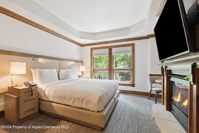 415 E Dean St Unit 32, Aspen, CO 81611 - bedroom featuring a fireplace with flush hearth, a tray ceiling, and baseboards