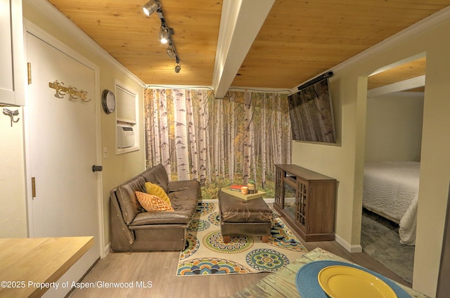 11101 County Road 117 Unit 3D, Glenwood Springs, CO 81601 - sitting room featuring rail lighting, wood finished floors, baseboards, wooden ceiling, and a wall unit AC