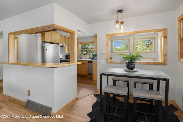 456 County Road 294, Rifle, CO 81650 - kitchen featuring stainless steel appliances, light wood-type flooring, a sink, light countertops, and hanging light fixtures
