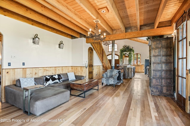 200 Forest Dr, Carbondale, CO 81623 - living area featuring a wainscoted wall, a chandelier, hardwood / wood-style flooring, wooden walls, and wood ceiling with exposed beams