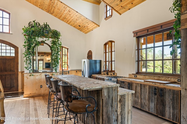 200 Forest Dr, Carbondale, CO 81623 - kitchen with appliances with stainless steel finishes, plenty of natural light, a kitchen island, wainscoting, and high vaulted ceiling