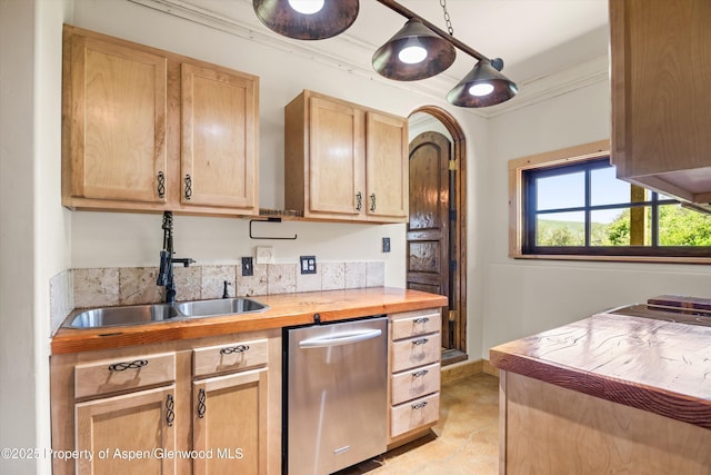 200 Forest Dr, Carbondale, CO 81623 - kitchen with dishwasher, wood counters, light brown cabinetry, and a sink