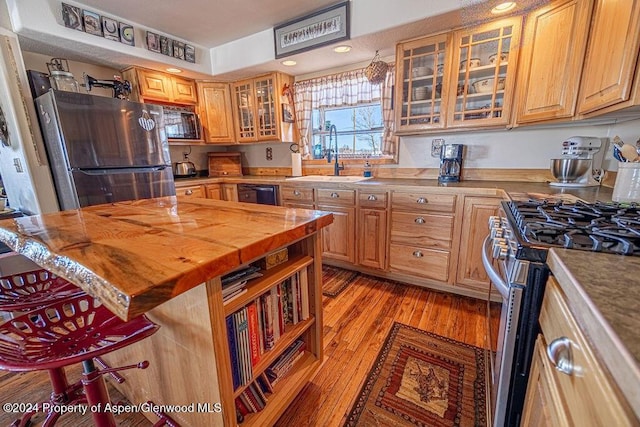 1020 Thompson Way, Craig, CO 81625 - kitchen featuring glass insert cabinets, butcher block countertops, light wood-type flooring, a sink, and appliances with stainless steel finishes