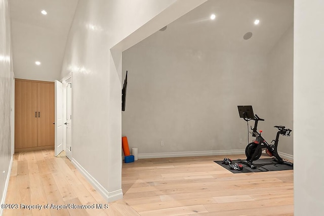 workout area featuring light hardwood / wood-style floors and a high ceiling