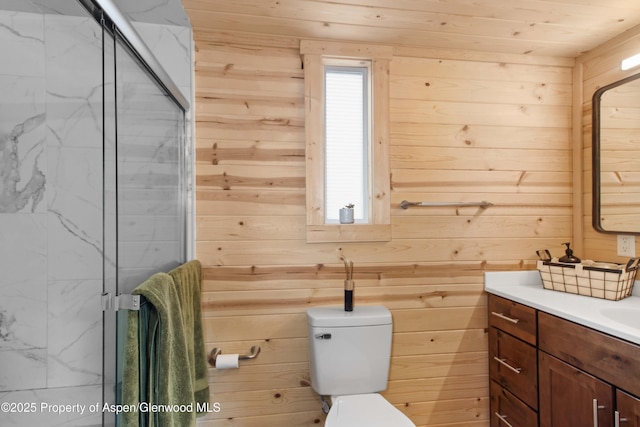 329 River Frontage Rd # 65, Silt, CO 81652 - full bathroom featuring vanity, wooden walls, a stall shower, and wooden ceiling