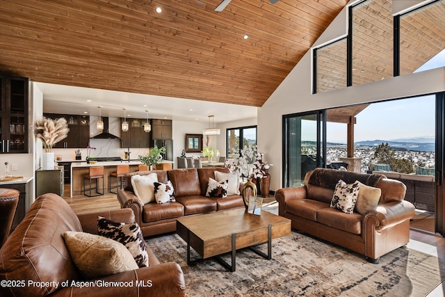 living room featuring a mountain view, high vaulted ceiling, wood ceiling, and light hardwood / wood-style flooring