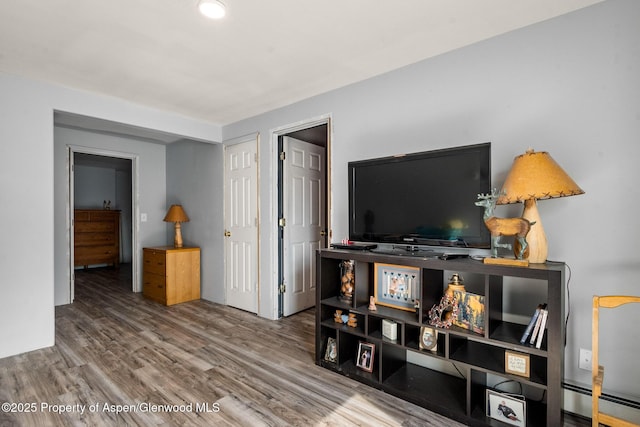 living room featuring wood finished floors and a baseboard radiator