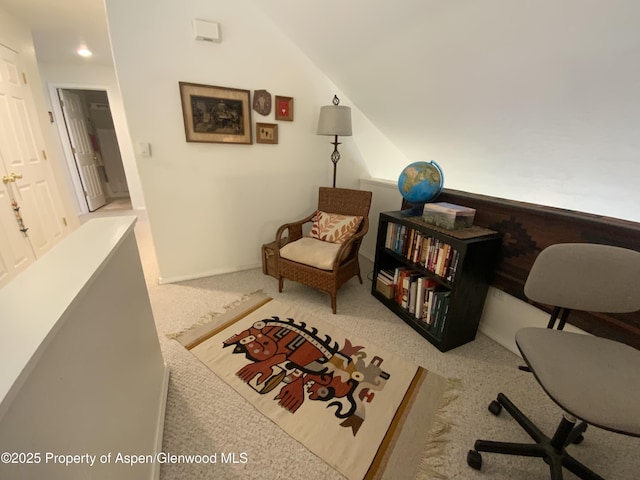 758 Pine Ct, New Castle, CO 81647 - sitting room featuring vaulted ceiling and carpet floors
