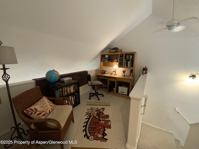 758 Pine Ct, New Castle, CO 81647 - home office featuring lofted ceiling, carpet, and a ceiling fan
