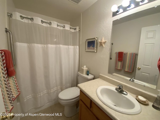 758 Pine Ct, New Castle, CO 81647 - bathroom with vanity, toilet, a shower with shower curtain, and tile patterned floors