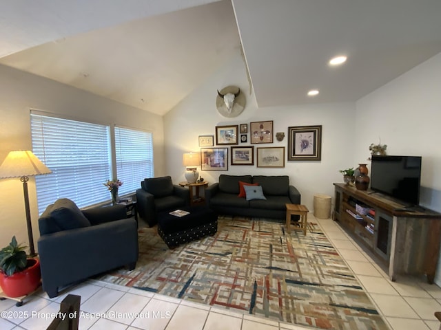 758 Pine Ct, New Castle, CO 81647 - living room featuring tile patterned flooring, lofted ceiling, and recessed lighting