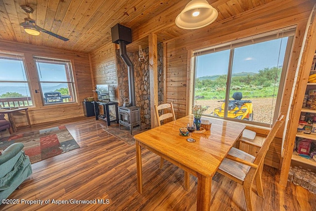 1349 Eagle Loop, Craig, CO 81625 - dining room with wooden ceiling, a wood stove, wood finished floors, and wooden walls