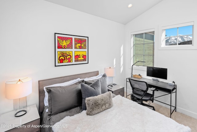 carpeted bedroom featuring recessed lighting, baseboards, and vaulted ceiling