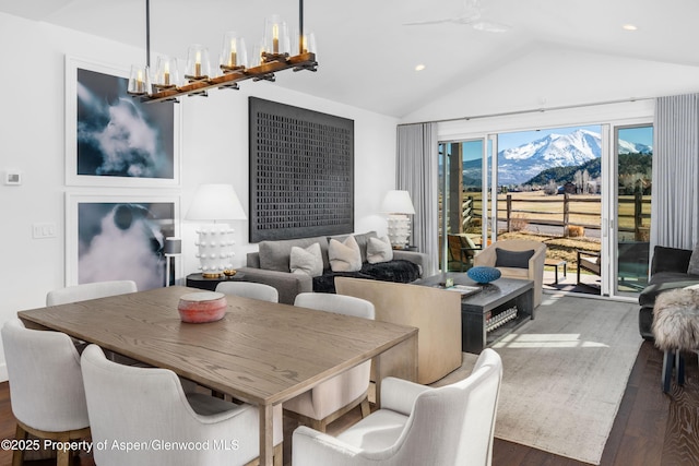 dining space featuring a ceiling fan, lofted ceiling, recessed lighting, and wood finished floors