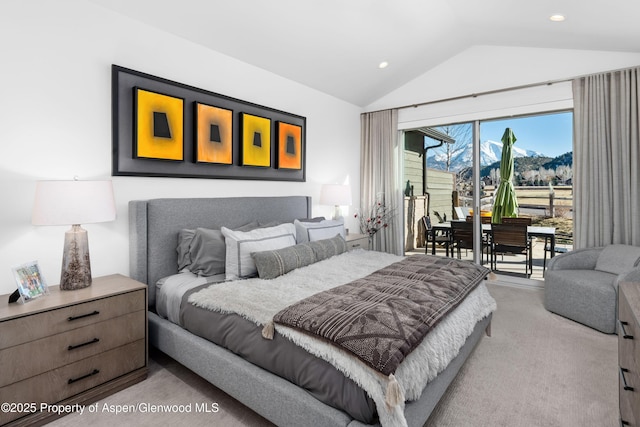 bedroom with recessed lighting, light carpet, access to exterior, and vaulted ceiling