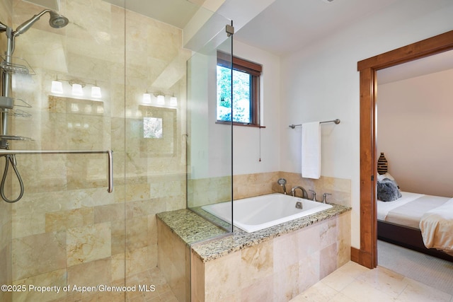 bathroom with plus walk in shower and tile patterned flooring