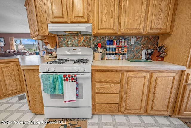 1097 Kowach Dr, Craig, CO 81625 - kitchen with gas range gas stove, under cabinet range hood, light floors, light countertops, and a textured ceiling