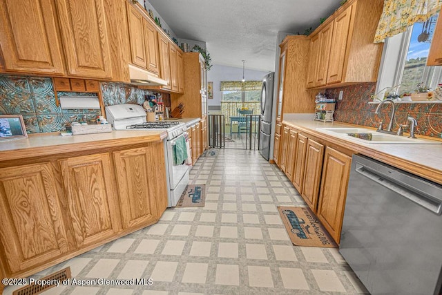 1097 Kowach Dr, Craig, CO 81625 - kitchen with appliances with stainless steel finishes, light flooring, a sink, under cabinet range hood, and light countertops