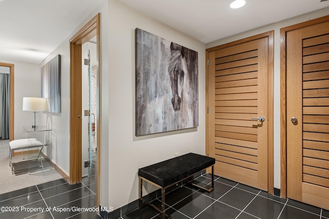 corridor featuring dark tile patterned floors