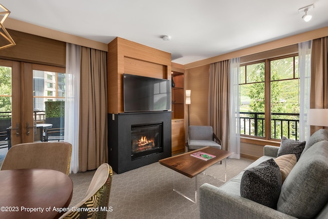 carpeted living room with a wealth of natural light and french doors