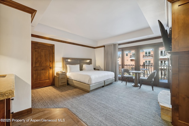 bedroom with access to exterior, a raised ceiling, and baseboards